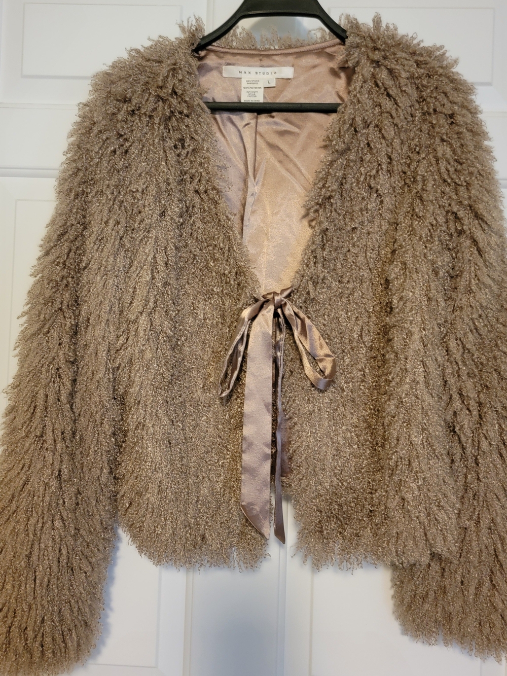 Max Studio Taupe Faux-Shearling Tie-Front Jacket